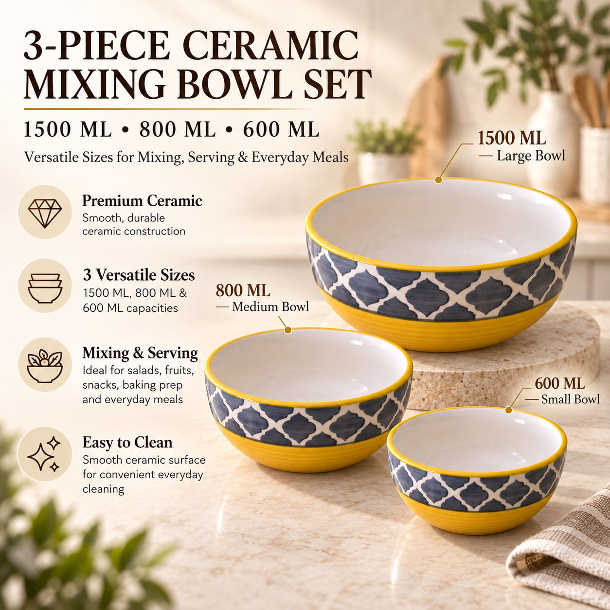 KunhaR Ceramic Mixing Bowl Set, 1500 ml, 800 ml & 600 ml, Yellow Grey | Set of 3 Nesting Bowls for Mixing, Serving, Salad, Pasta, Snacks & Kitchen Prep