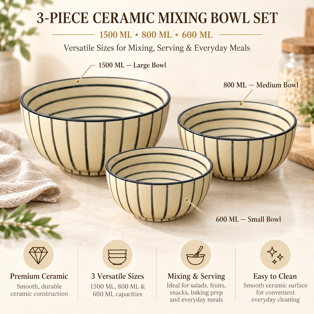 KunhaR Ceramic Mixing Bowl Set, 1500 ml, 800 ml & 600 ml, Sorrell Brown | Set of 3 Nesting Bowls for Mixing, Serving, Salad, Pasta, Snacks & Kitchen Prep