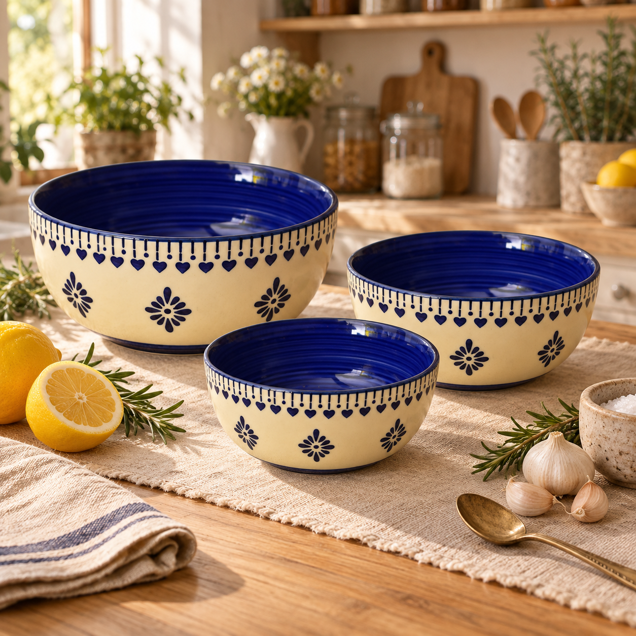 KunhaR Ceramic Mixing Bowl Set, 1500 ml, 800 ml & 600 ml, Dark Indigo Cashmere | Set of 3 Nesting Bowls for Mixing, Serving, Salad, Pasta, Snacks & Kitchen Prep