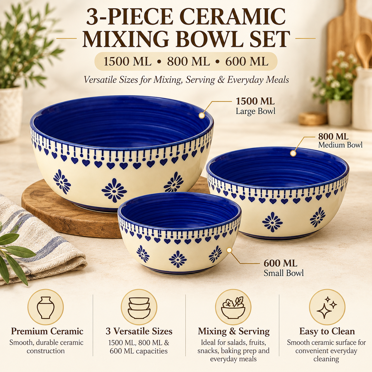 KunhaR Ceramic Mixing Bowl Set, 1500 ml, 800 ml & 600 ml, Dark Indigo Cashmere | Set of 3 Nesting Bowls for Mixing, Serving, Salad, Pasta, Snacks & Kitchen Prep