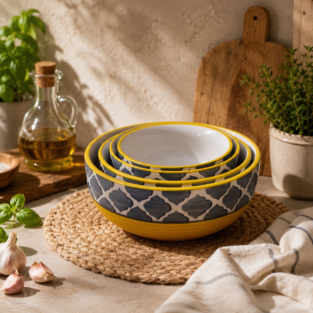 Kunhar Ceramic Mixing Bowl Set – 4 Pieces (1500ml, 800ml, 600ml, 400ml), Yellow Grey – Durable, Microwave & Dishwasher Safe – Ideal for Mixing, Serving & Storage