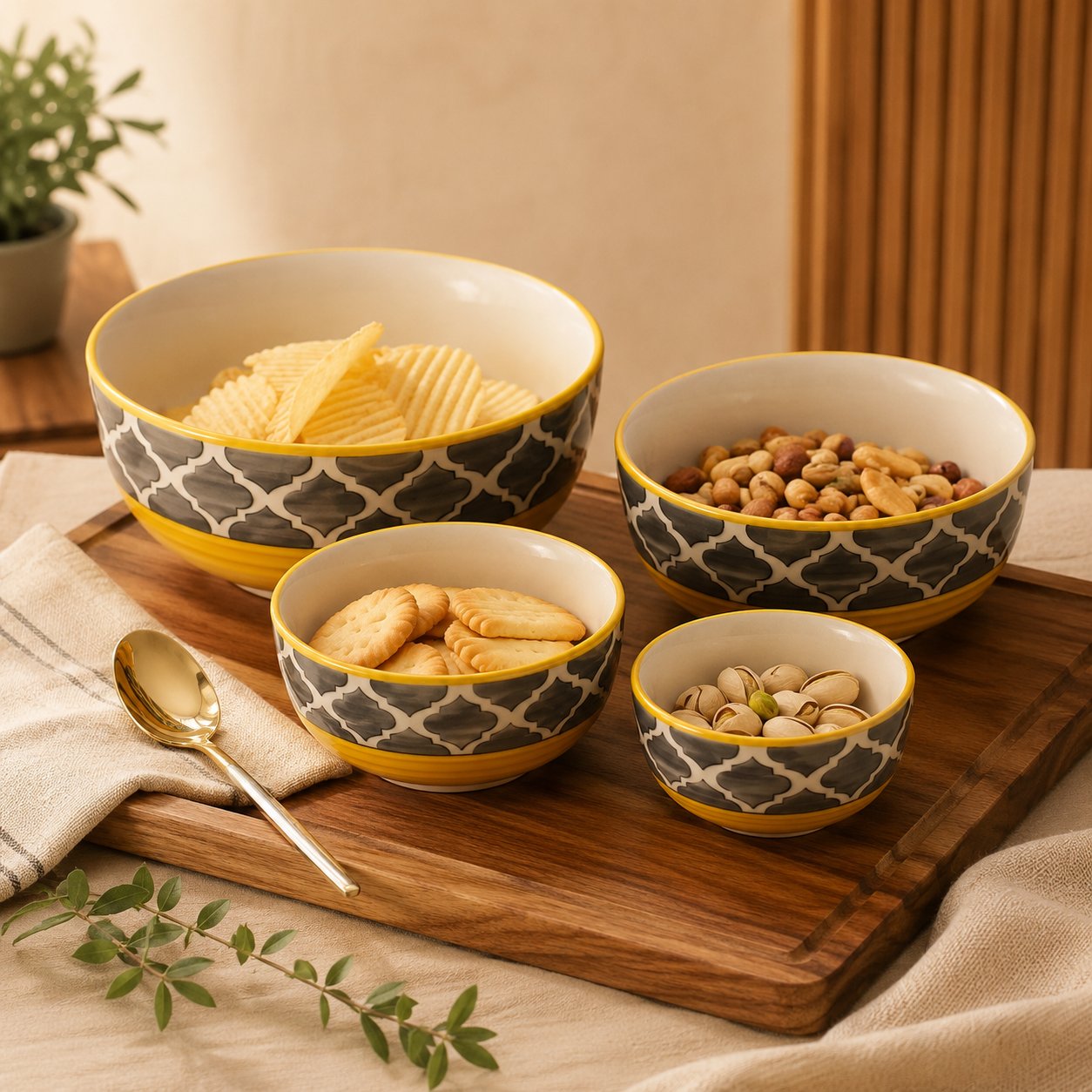 Kunhar Ceramic Mixing Bowl Set – 4 Pieces (1500ml, 800ml, 600ml, 400ml), Yellow Grey – Durable, Microwave & Dishwasher Safe – Ideal for Mixing, Serving & Storage - Image 5