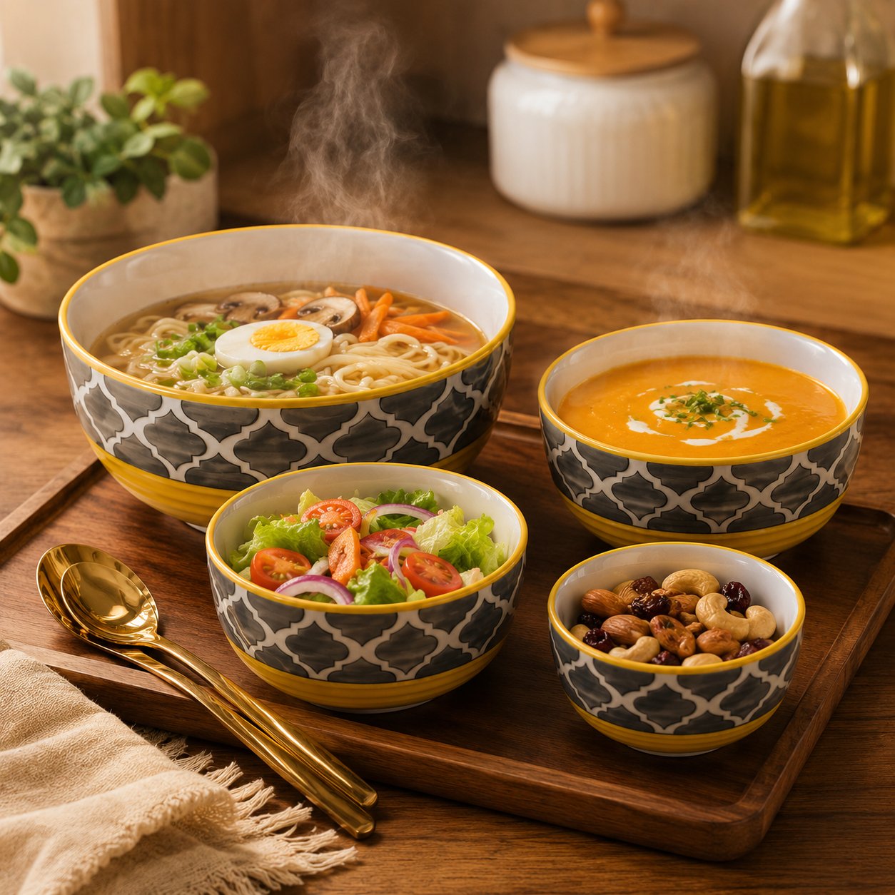 Kunhar Ceramic Mixing Bowl Set – 4 Pieces (1500ml, 800ml, 600ml, 400ml), Yellow Grey – Durable, Microwave & Dishwasher Safe – Ideal for Mixing, Serving & Storage - Image 4