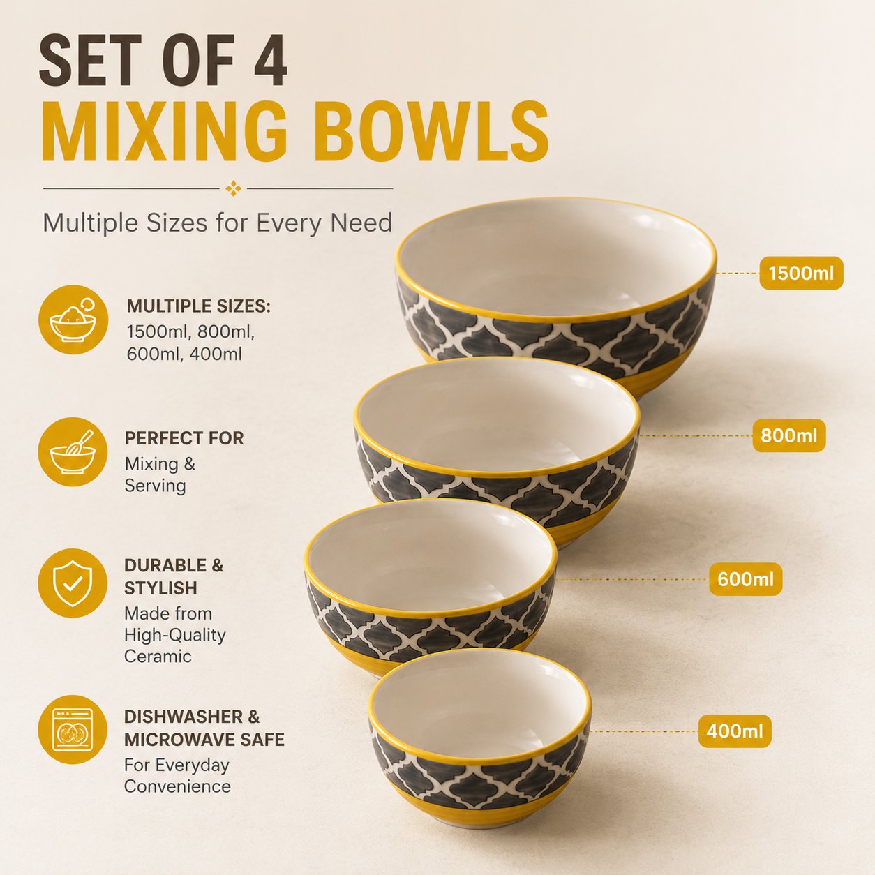 Kunhar Ceramic Mixing Bowl Set – 4 Pieces (1500ml, 800ml, 600ml, 400ml), Yellow Grey – Durable, Microwave & Dishwasher Safe – Ideal for Mixing, Serving & Storage - Image 6