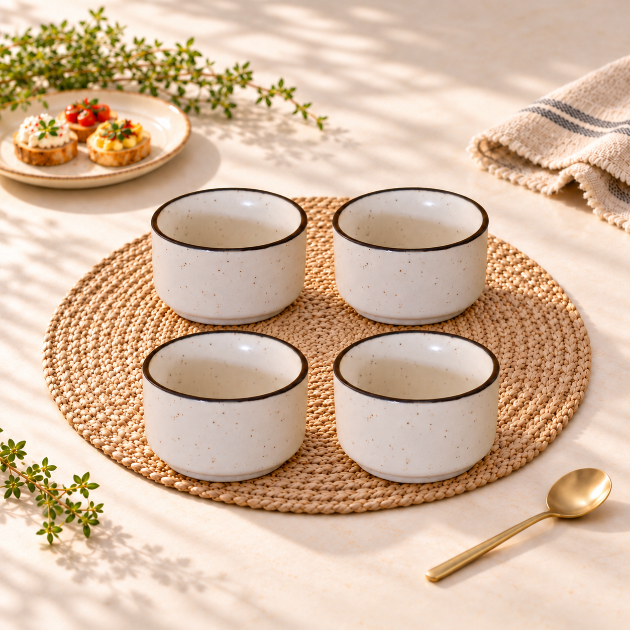 Kunhar Ceramic Sauce Holder - 56 ML, 4 Pieces, White Matt Black Border
