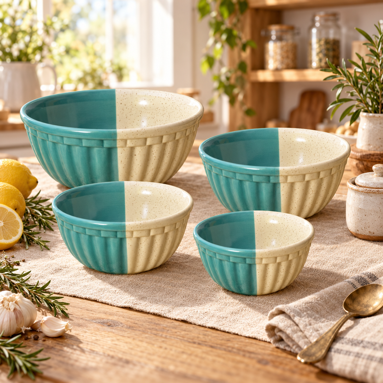KunhaR Ceramic Mixing Bowl Set, 1500 ml, 800 ml, 600 ml & 400 ml, White Dusty Blue | Set of 4 Nesting Bowls for Mixing, Serving, Salad, Pasta, Snacks & Kitchen Prep