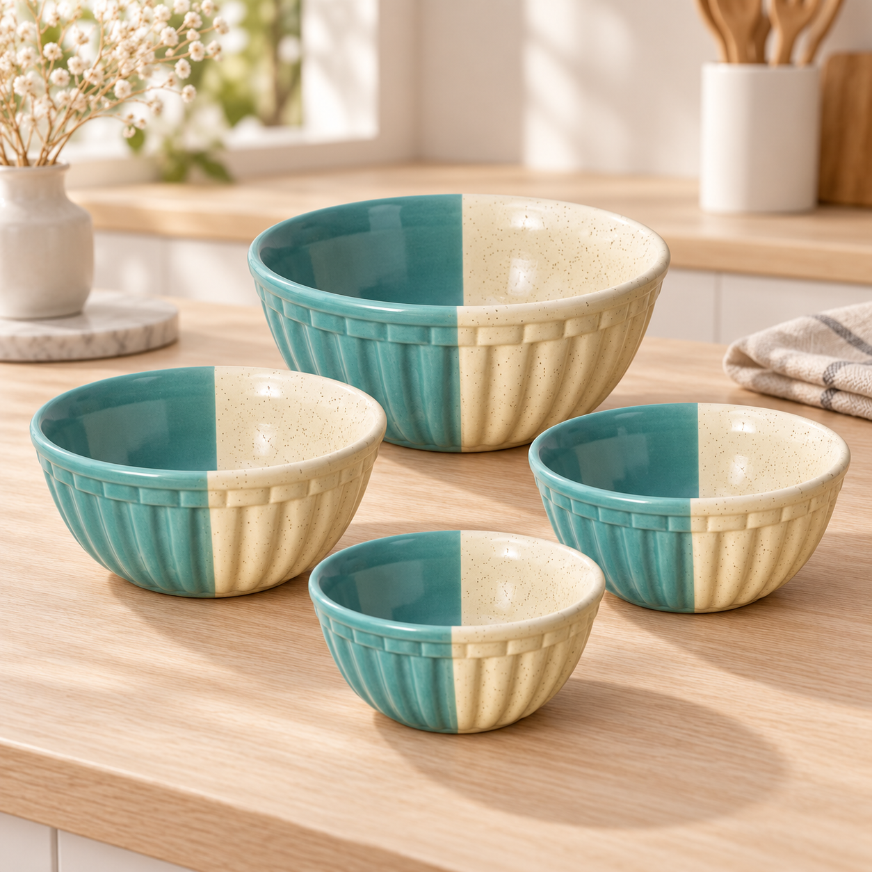 KunhaR Ceramic Mixing Bowl Set, 1500 ml, 800 ml, 600 ml & 400 ml, White Dusty Blue | Set of 4 Nesting Bowls for Mixing, Serving, Salad, Pasta, Snacks & Kitchen Prep