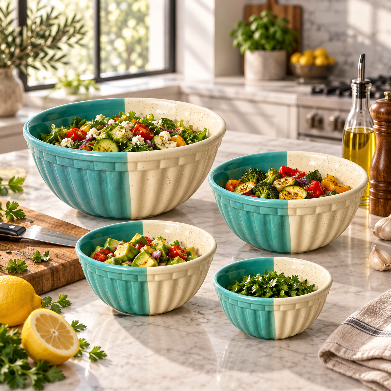 KunhaR Ceramic Mixing Bowl Set, 1500 ml, 800 ml, 600 ml & 400 ml, White Dusty Blue | Set of 4 Nesting Bowls for Mixing, Serving, Salad, Pasta, Snacks & Kitchen Prep