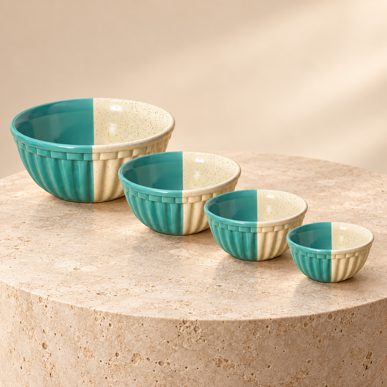 KunhaR Ceramic Mixing Bowl Set, 1500 ml, 800 ml, 600 ml & 400 ml, White Dusty Blue | Set of 4 Nesting Bowls for Mixing, Serving, Salad, Pasta, Snacks & Kitchen Prep