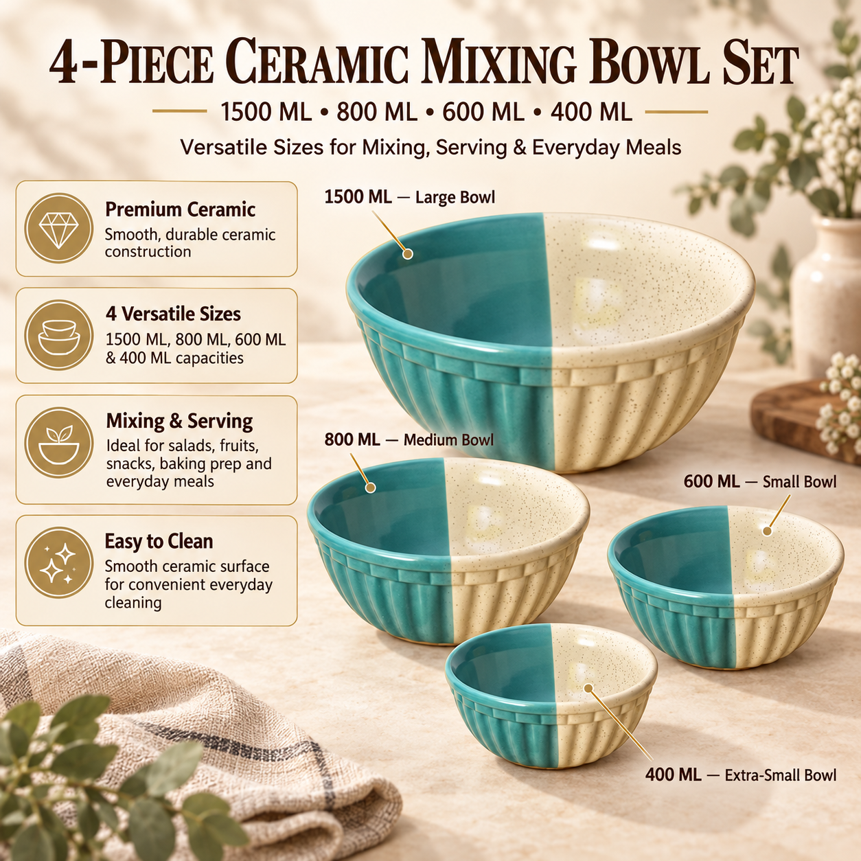 KunhaR Ceramic Mixing Bowl Set, 1500 ml, 800 ml, 600 ml & 400 ml, White Dusty Blue | Set of 4 Nesting Bowls for Mixing, Serving, Salad, Pasta, Snacks & Kitchen Prep