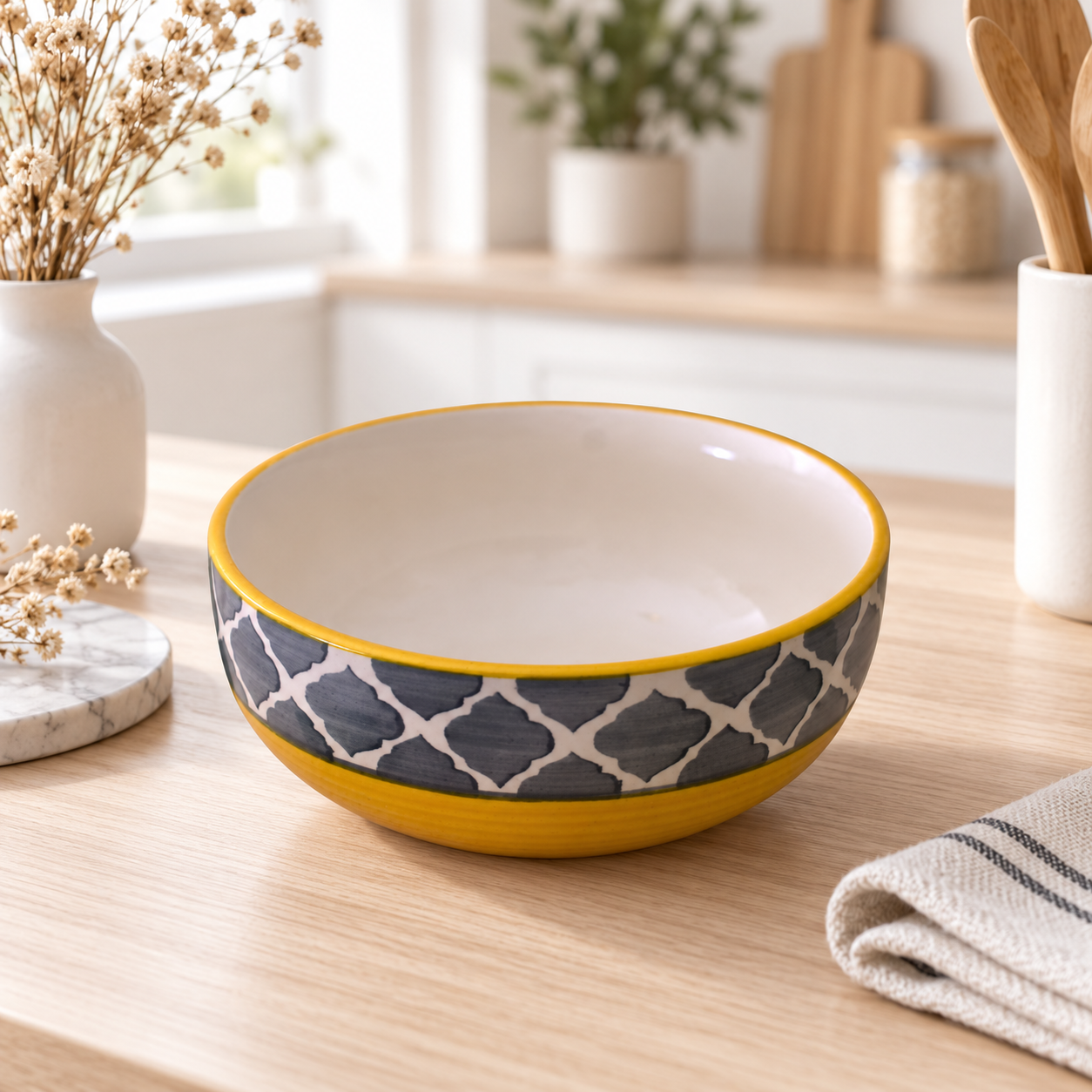 KunhaR Ceramic Serving Bowl, 600 ml, Yellow Grey, Multipurpose Bowl for Mixing, Serving, Salad, Pasta & Snacks, 1 Piece - Image 2