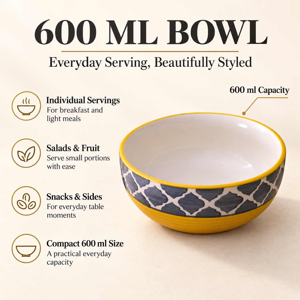 KunhaR Ceramic Serving Bowl, 600 ml, Yellow Grey, Multipurpose Bowl for Mixing, Serving, Salad, Pasta & Snacks, 1 Piece - Image 7