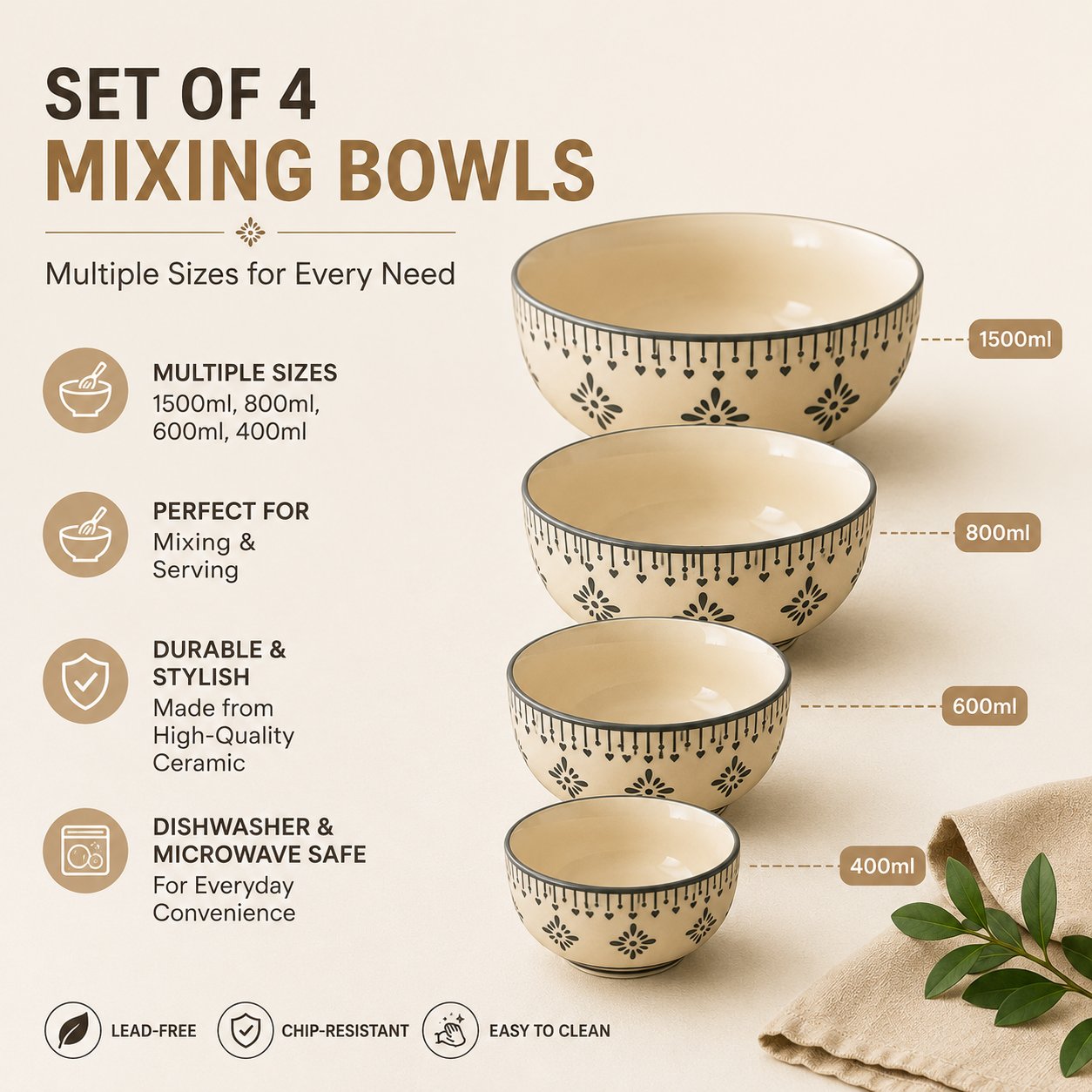 Kunhar Ceramic Mixing Bowl Set – 4 Pieces (1500ml, 800ml, 600ml, 400ml), Grey Desert Sand – Durable, Microwave & Dishwasher Safe – Ideal for Mixing, Serving & Storage - Image 6