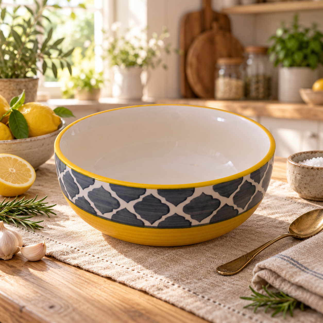 KunhaR Ceramic Serving Bowl 800 ml, Yellow Grey | Medium Ceramic Bowl for Salad, Pasta, Noodles, Fruits, Curry & Snacks | Premium Tableware for Kitchen & Dining | 1 Piece