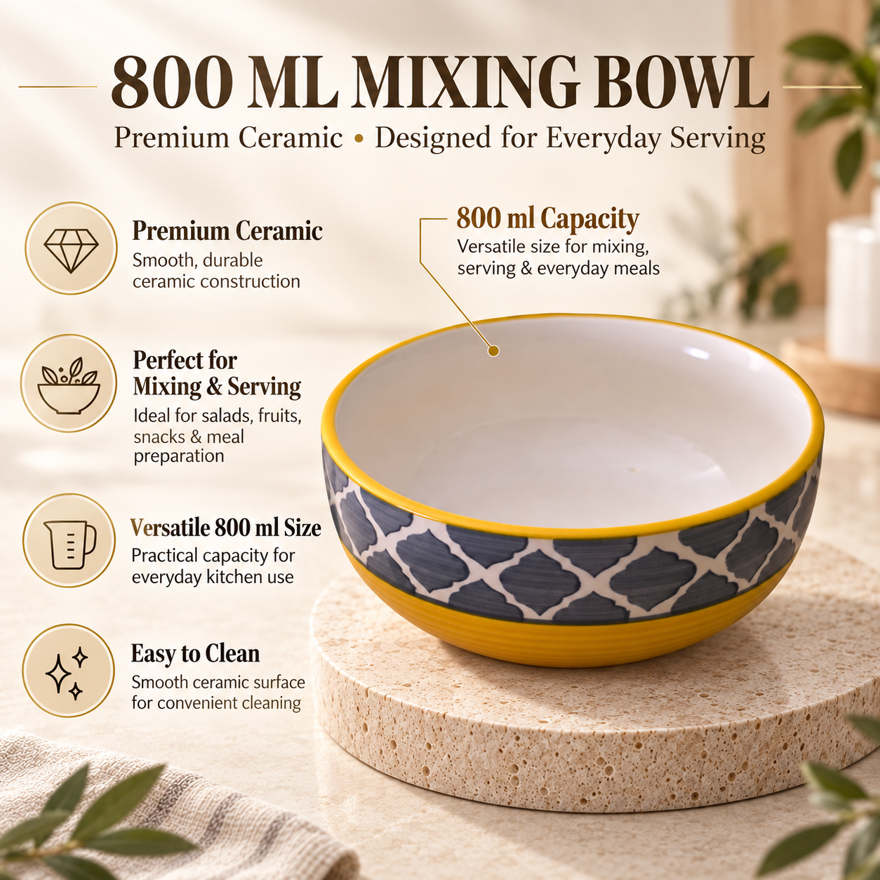 KunhaR Ceramic Serving Bowl 800 ml, Yellow Grey | Medium Ceramic Bowl for Salad, Pasta, Noodles, Fruits, Curry & Snacks | Premium Tableware for Kitchen & Dining | 1 Piece