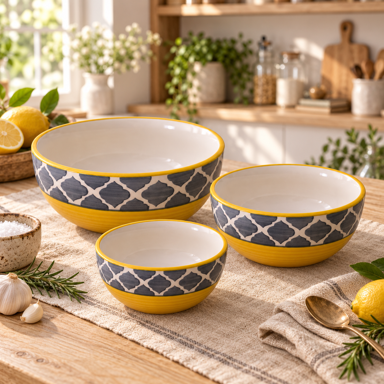 KunhaR Ceramic Mixing Bowl Set, 800 ml, 600 ml & 400 ml, Yellow Grey | Set of 3 Nesting Bowls for Mixing, Serving, Salad, Pasta, Snacks & Kitchen Prep