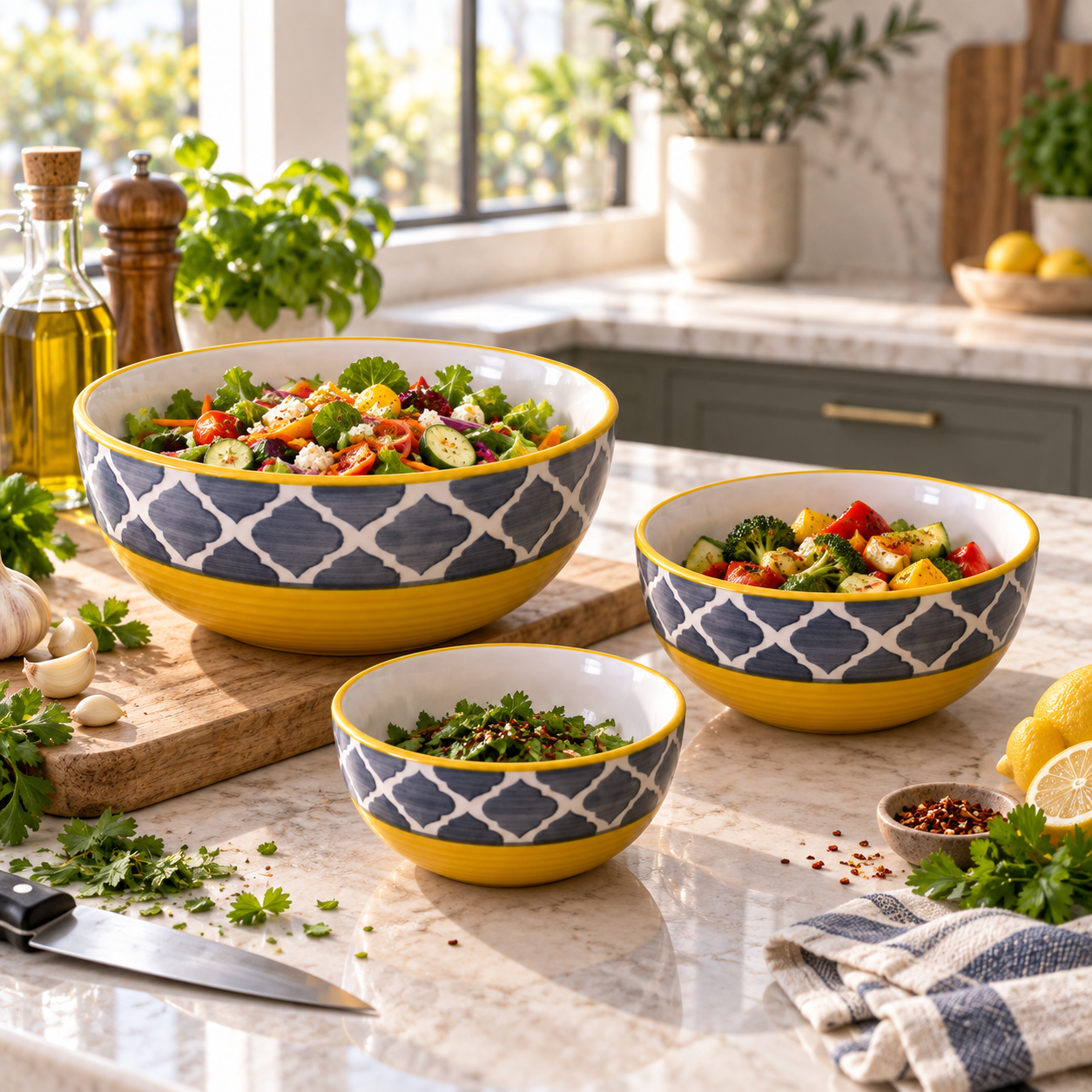 KunhaR Ceramic Mixing Bowl Set, 800 ml, 600 ml & 400 ml, Yellow Grey | Set of 3 Nesting Bowls for Mixing, Serving, Salad, Pasta, Snacks & Kitchen Prep