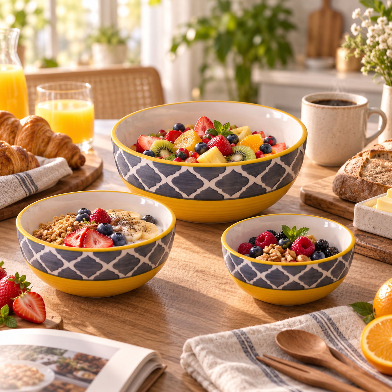 KunhaR Ceramic Mixing Bowl Set, 800 ml, 600 ml & 400 ml, Yellow Grey | Set of 3 Nesting Bowls for Mixing, Serving, Salad, Pasta, Snacks & Kitchen Prep