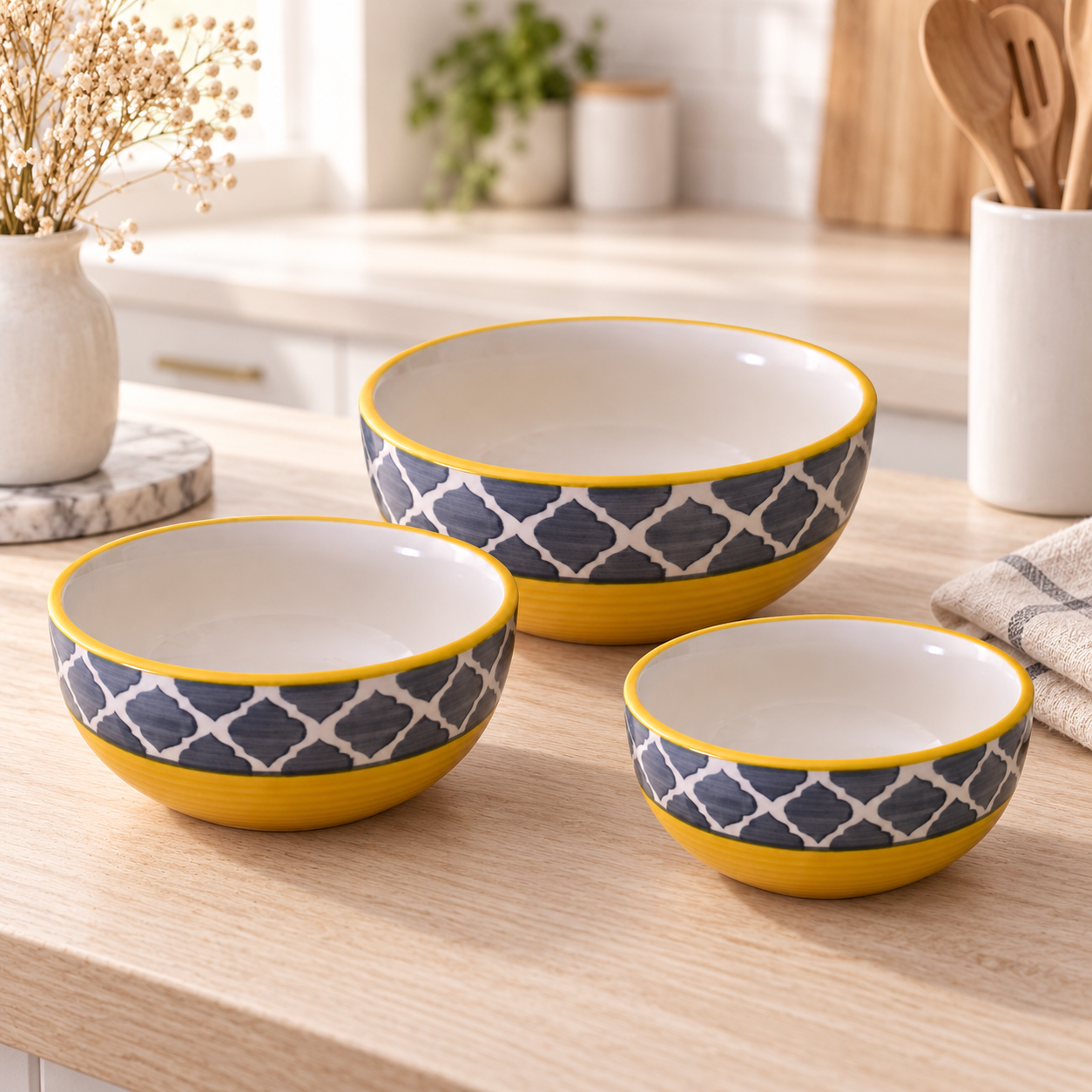 KunhaR Ceramic Mixing Bowl Set, 800 ml, 600 ml & 400 ml, Yellow Grey | Set of 3 Nesting Bowls for Mixing, Serving, Salad, Pasta, Snacks & Kitchen Prep