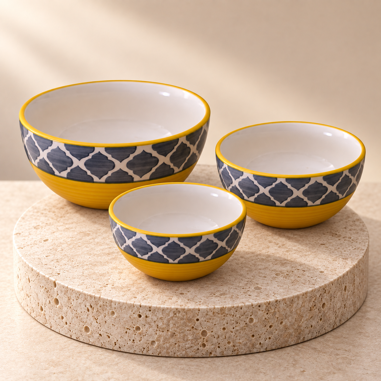 KunhaR Ceramic Mixing Bowl Set, 800 ml, 600 ml & 400 ml, Yellow Grey | Set of 3 Nesting Bowls for Mixing, Serving, Salad, Pasta, Snacks & Kitchen Prep