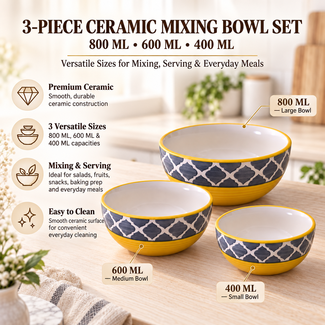 KunhaR Ceramic Mixing Bowl Set, 800 ml, 600 ml & 400 ml, Yellow Grey | Set of 3 Nesting Bowls for Mixing, Serving, Salad, Pasta, Snacks & Kitchen Prep