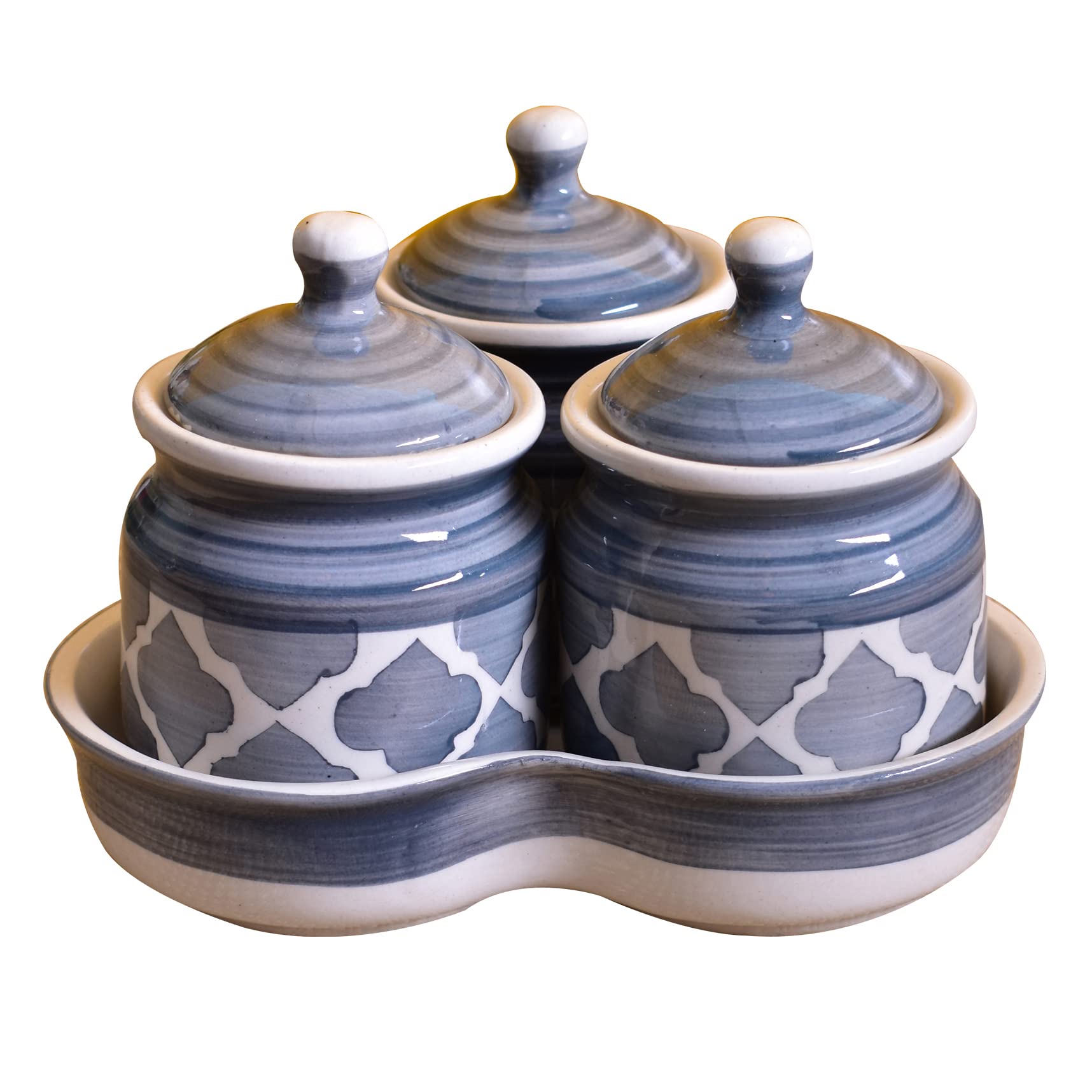 Kunhar Ceramic Pickle Jar Set, Grey (1 Tray And 3 Jar 200 ML) — product view 1