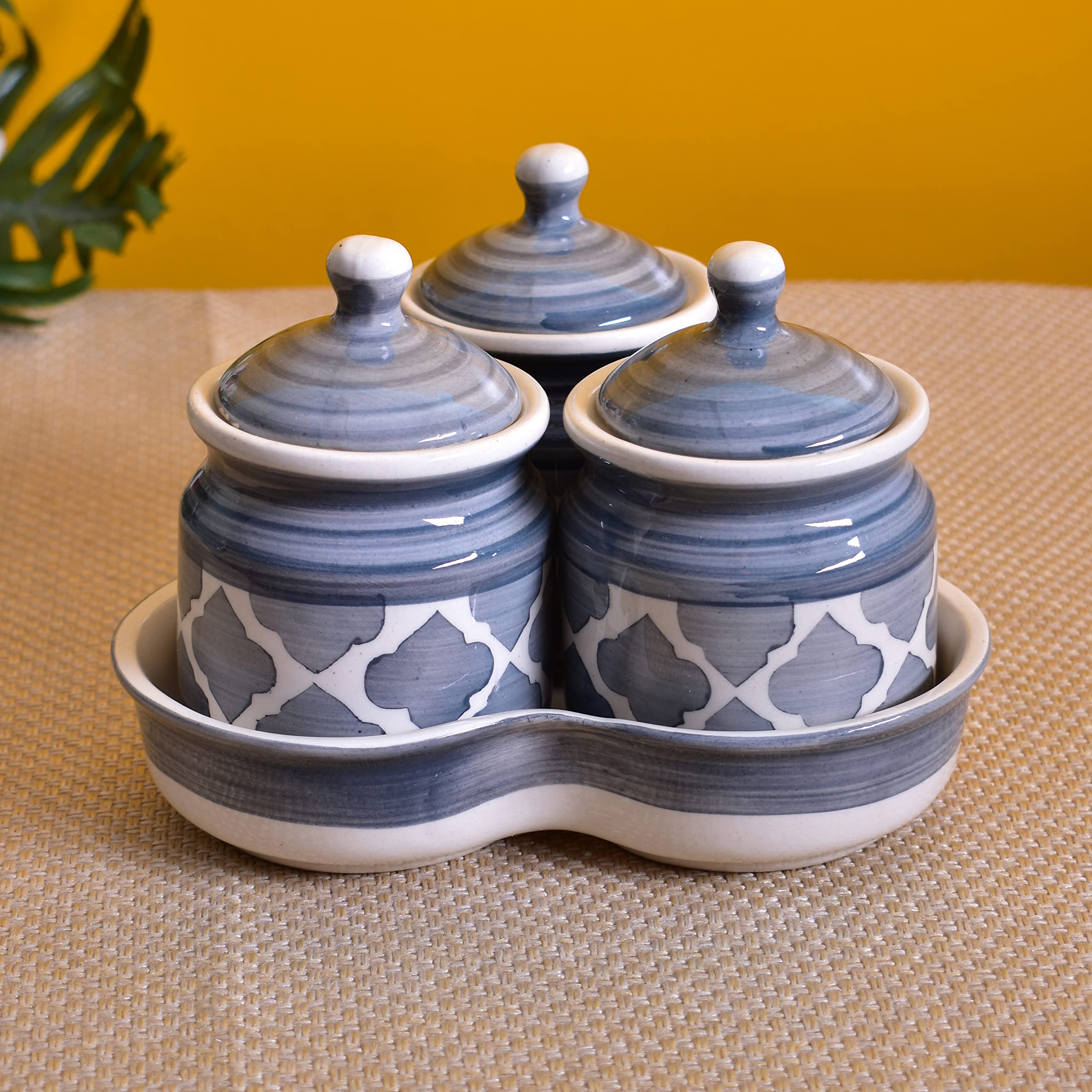 Kunhar Ceramic Pickle Jar Set, Grey (1 Tray And 3 Jar 200 ML) — product view 2