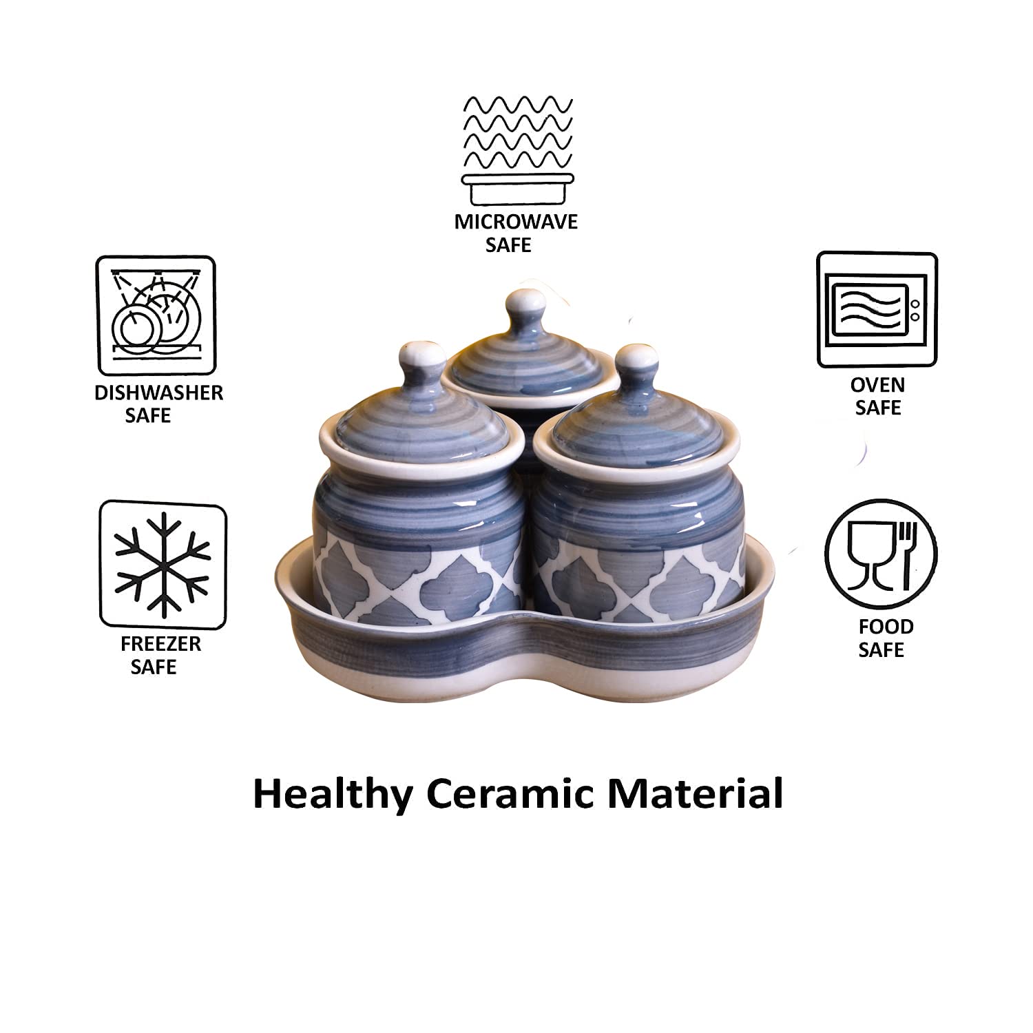Kunhar Ceramic Pickle Jar Set, Grey (1 Tray And 3 Jar 200 ML) — product view 6