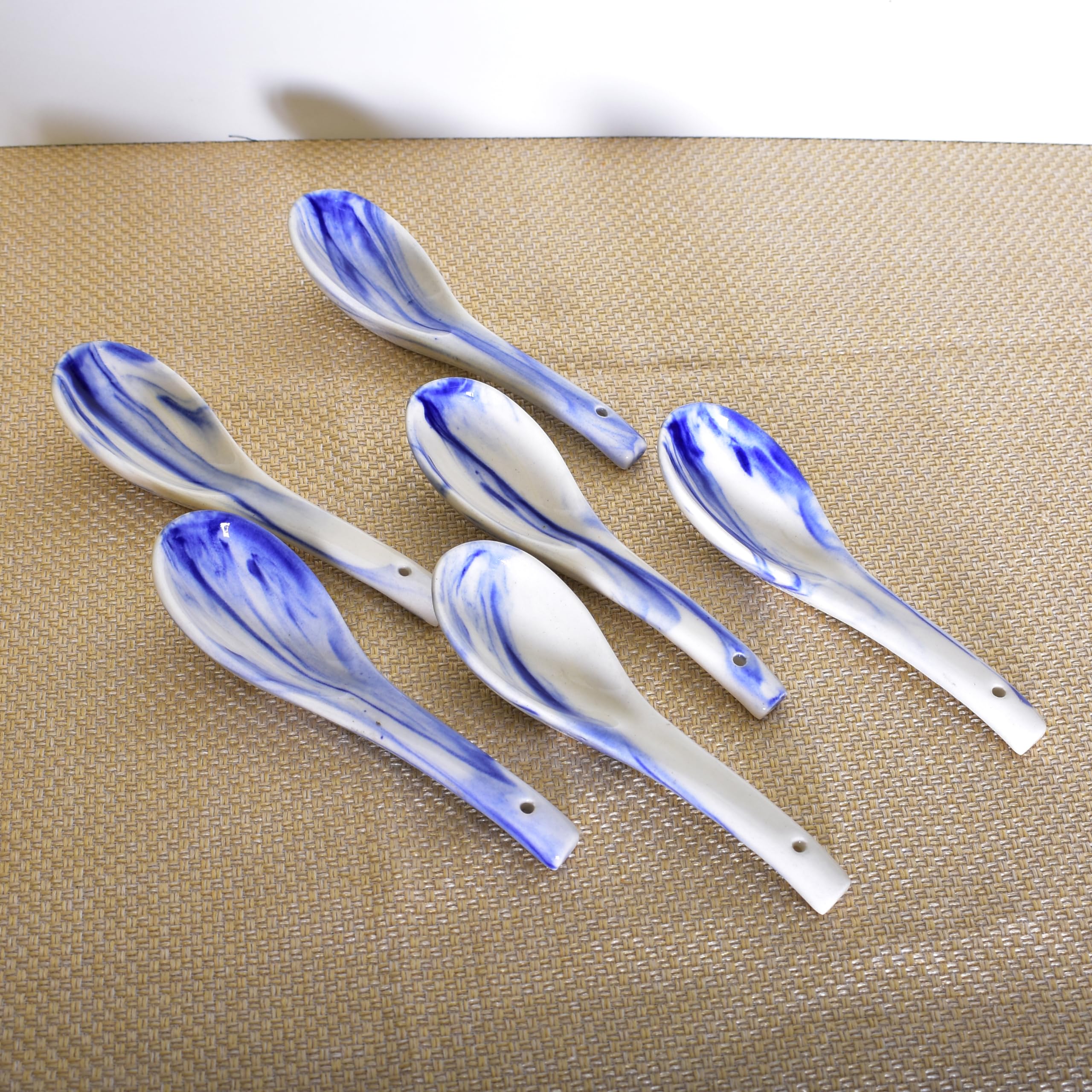KunhaR Ceramic Soup Spoon - 6 Pieces, White Blue