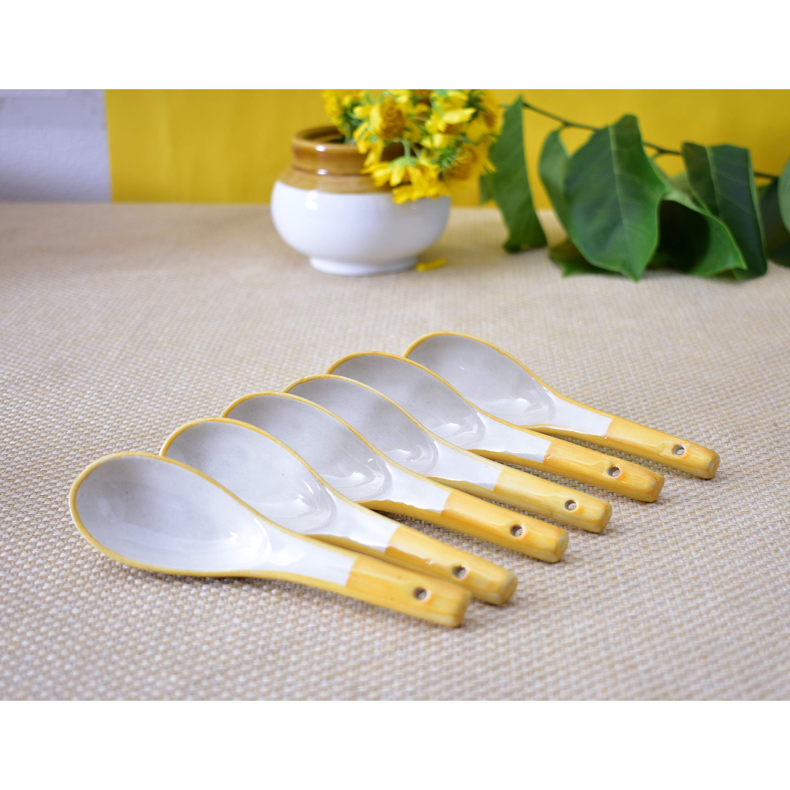KunhaR Ceramic Soup Spoon - 6 Pieces, Yellow White