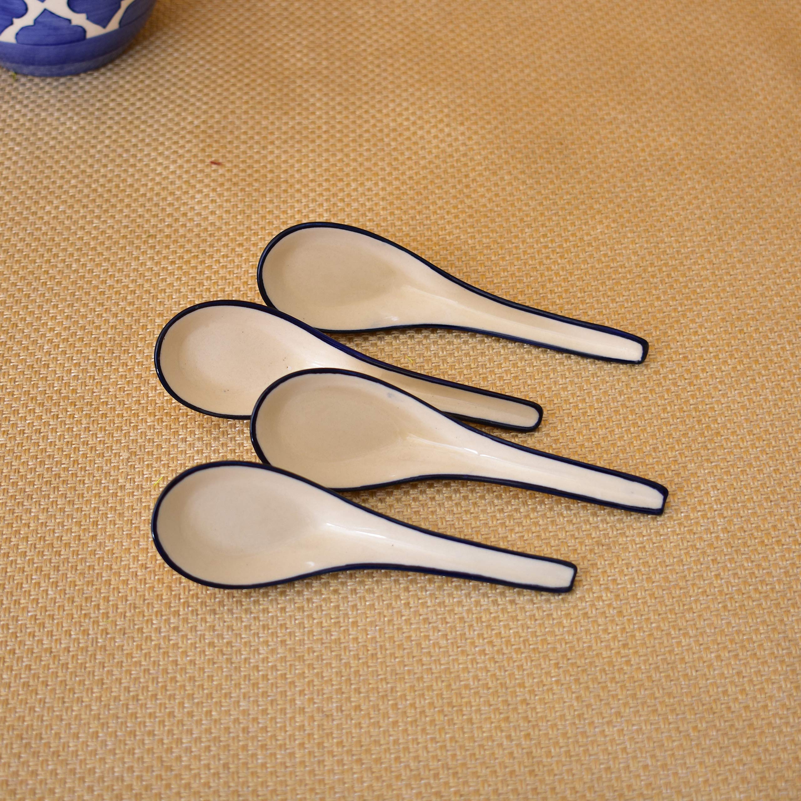 KunhaR Ceramic Soup Spoon - 4 Pieces, White Blue Border