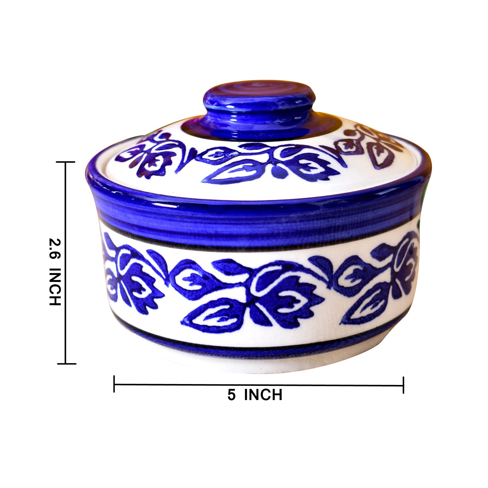 Kunhar Multipurpose Ceramic Donga 450ML Blue Vine with Lid – Microwave Dishwasher Safe Serving Dish for Gravy Dal Curry and More - Image 2