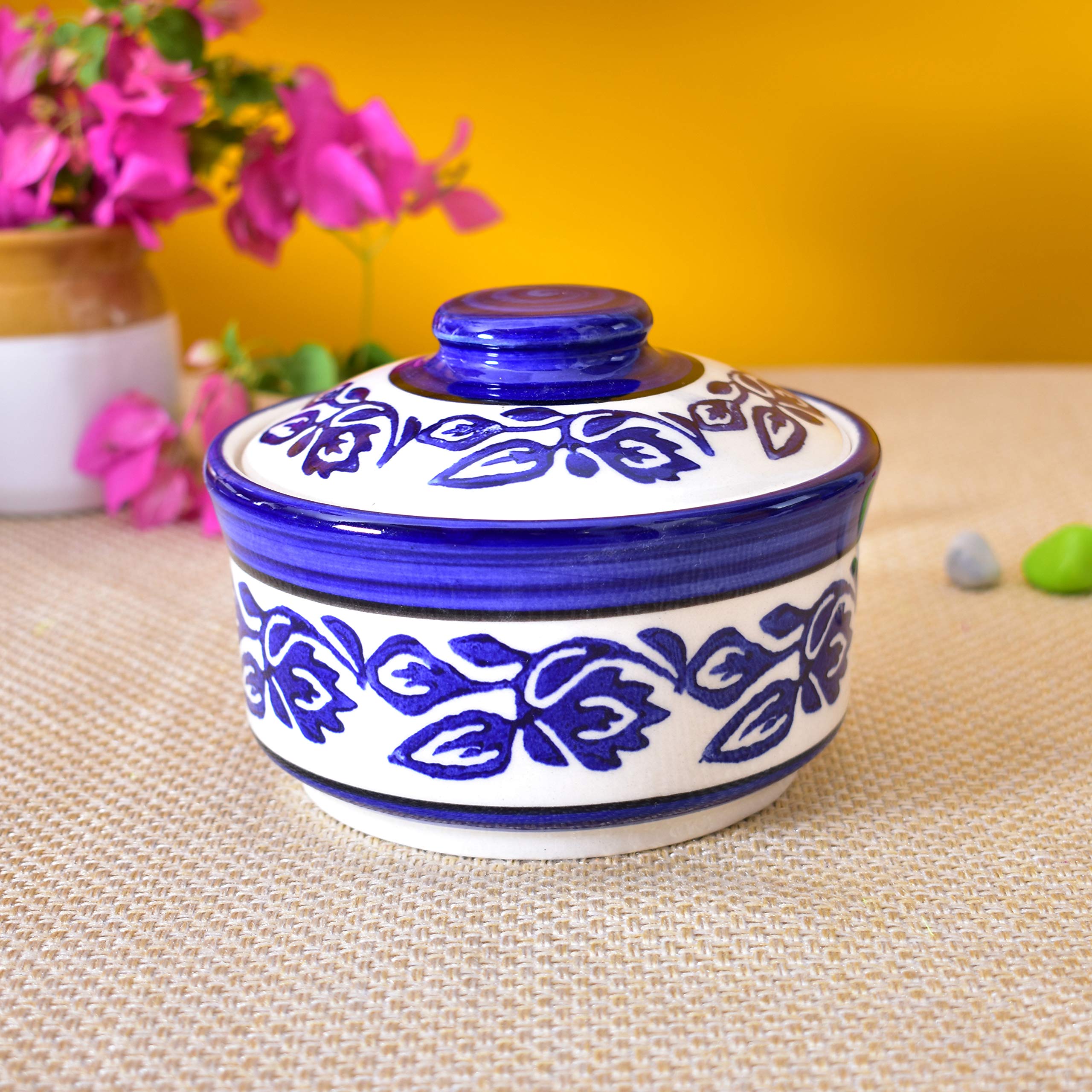 Kunhar Multipurpose Ceramic Donga 450ML Blue Vine with Lid – Microwave Dishwasher Safe Serving Dish for Gravy Dal Curry and More - Image 3