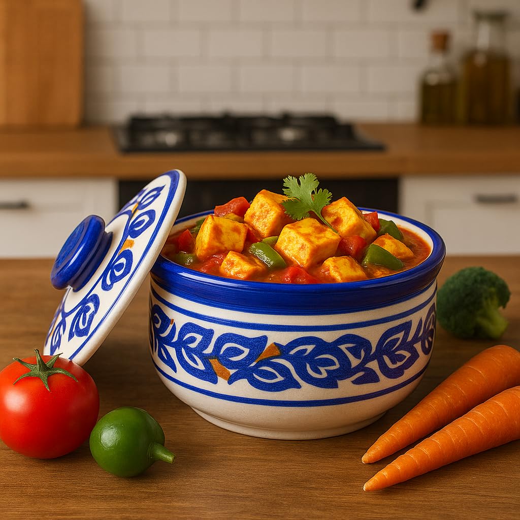 Kunhar Multipurpose Ceramic Donga 450ML Blue Vine with Lid – Microwave Dishwasher Safe Serving Dish for Gravy Dal Curry and More - Image 4