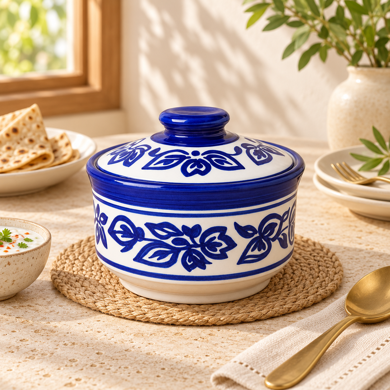 Kunhar Multipurpose Ceramic Donga 450ML Blue Vine with Lid – Microwave Dishwasher Safe Serving Dish for Gravy Dal Curry and More