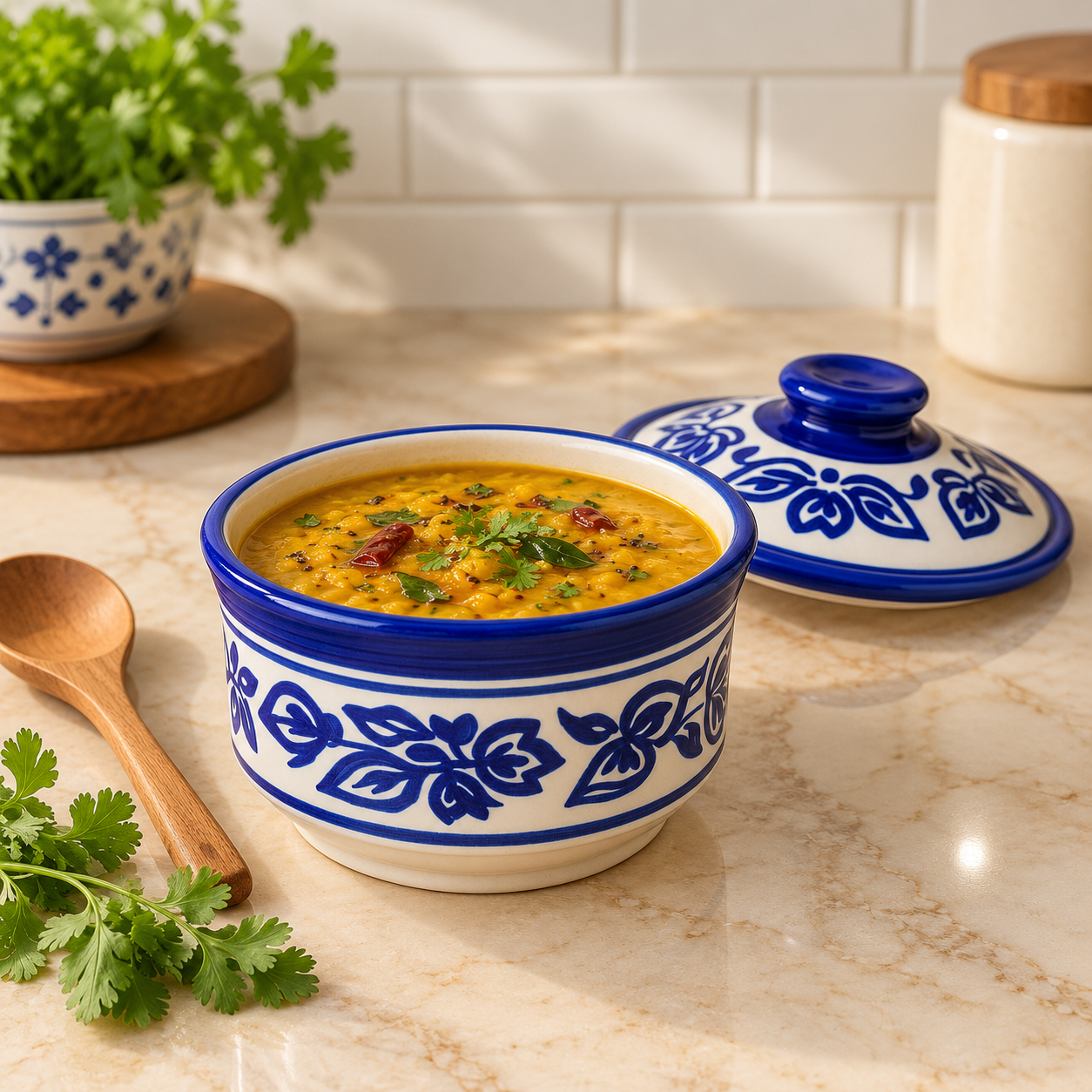 Kunhar Multipurpose Ceramic Donga 450ML Blue Vine with Lid – Microwave Dishwasher Safe Serving Dish for Gravy Dal Curry and More