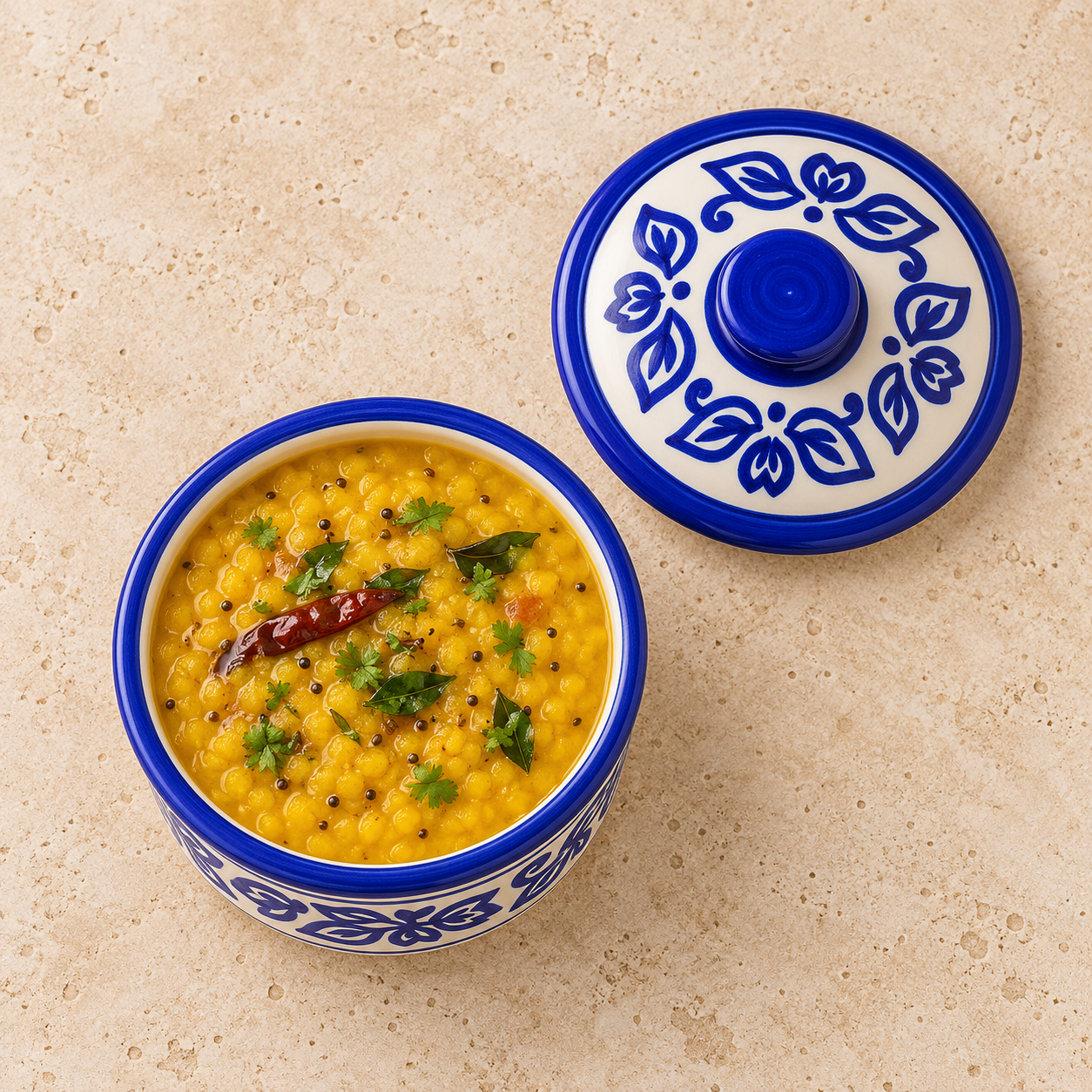 Kunhar Multipurpose Ceramic Donga 450ML Blue Vine with Lid – Microwave Dishwasher Safe Serving Dish for Gravy Dal Curry and More