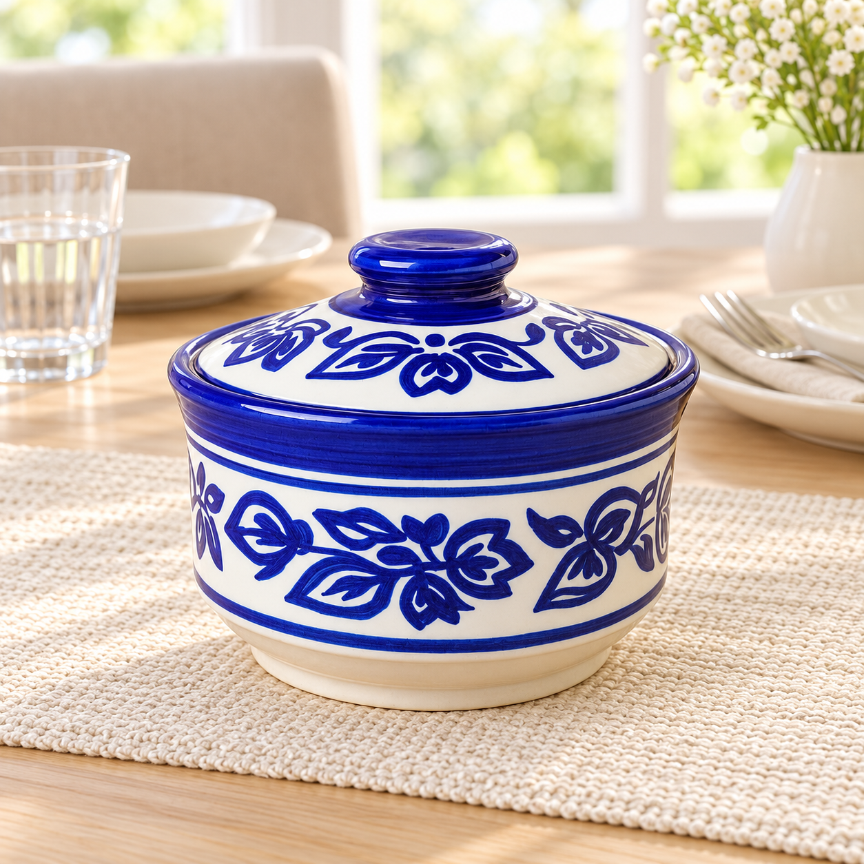 Kunhar Multipurpose Ceramic Donga 450ML Blue Vine with Lid – Microwave Dishwasher Safe Serving Dish for Gravy Dal Curry and More