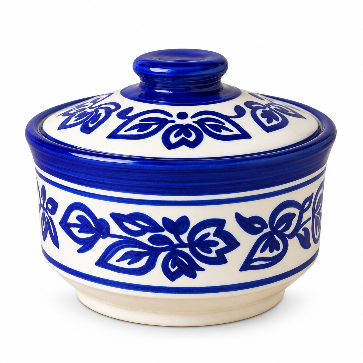 Kunhar Multipurpose Ceramic Donga 450ML Blue Vine with Lid – Microwave Dishwasher Safe Serving Dish for Gravy Dal Curry and More