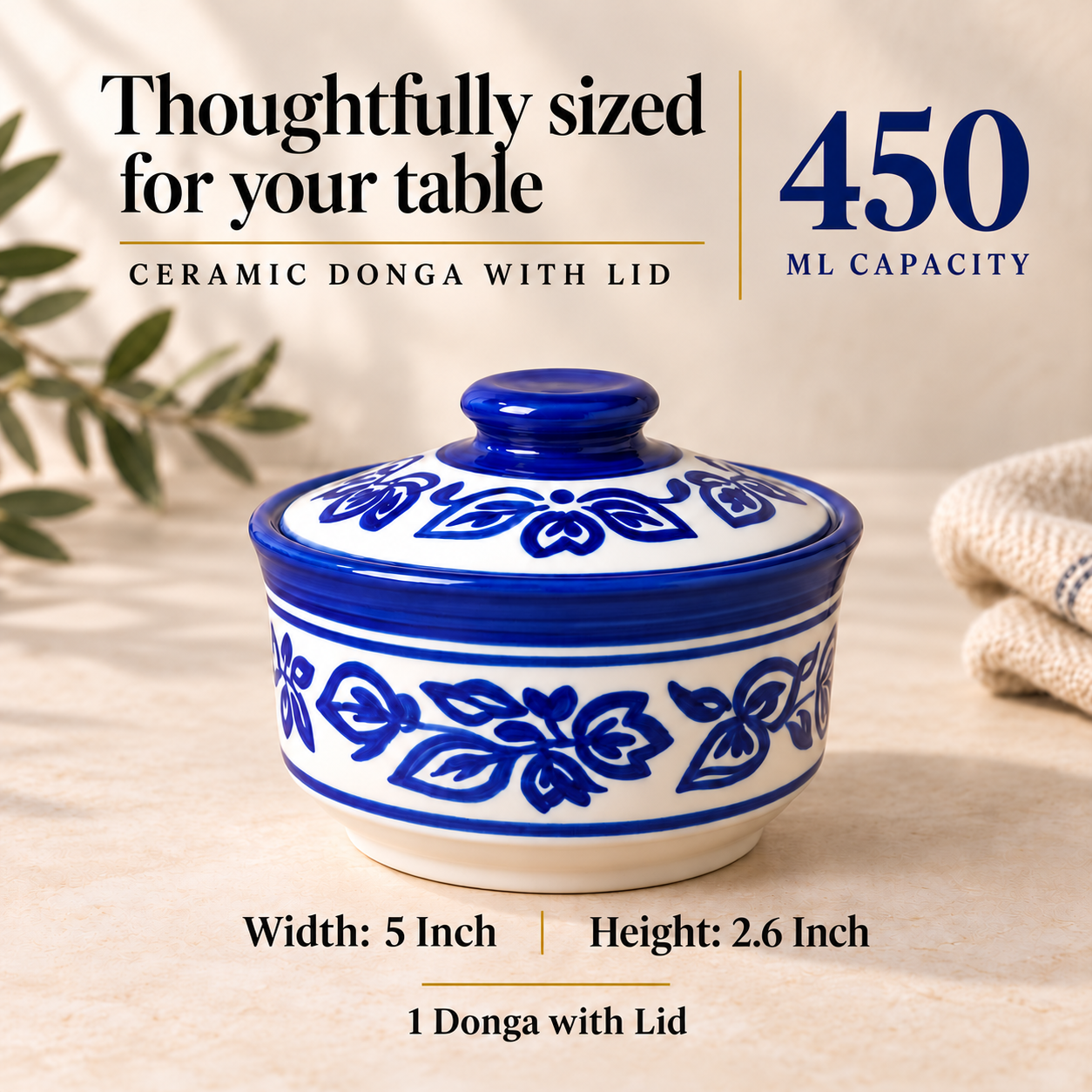 Kunhar Multipurpose Ceramic Donga 450ML Blue Vine with Lid – Microwave Dishwasher Safe Serving Dish for Gravy Dal Curry and More