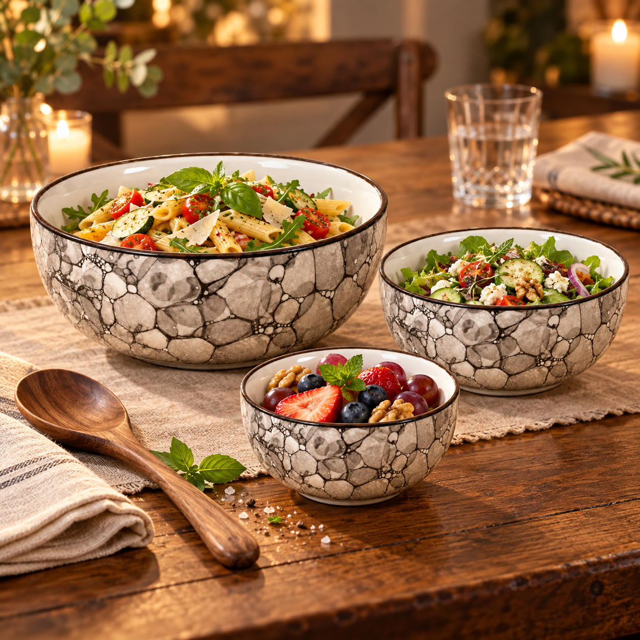 KunhaR Ceramic Mixing Bowl Set, 800 ml, 600 ml & 400 ml, Black Luster | Set of 3 Nesting Bowls for Mixing, Serving, Salad, Pasta, Snacks & Kitchen Prep