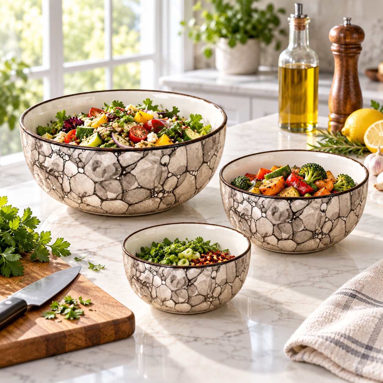 KunhaR Ceramic Mixing Bowl Set, 800 ml, 600 ml & 400 ml, Black Luster | Set of 3 Nesting Bowls for Mixing, Serving, Salad, Pasta, Snacks & Kitchen Prep