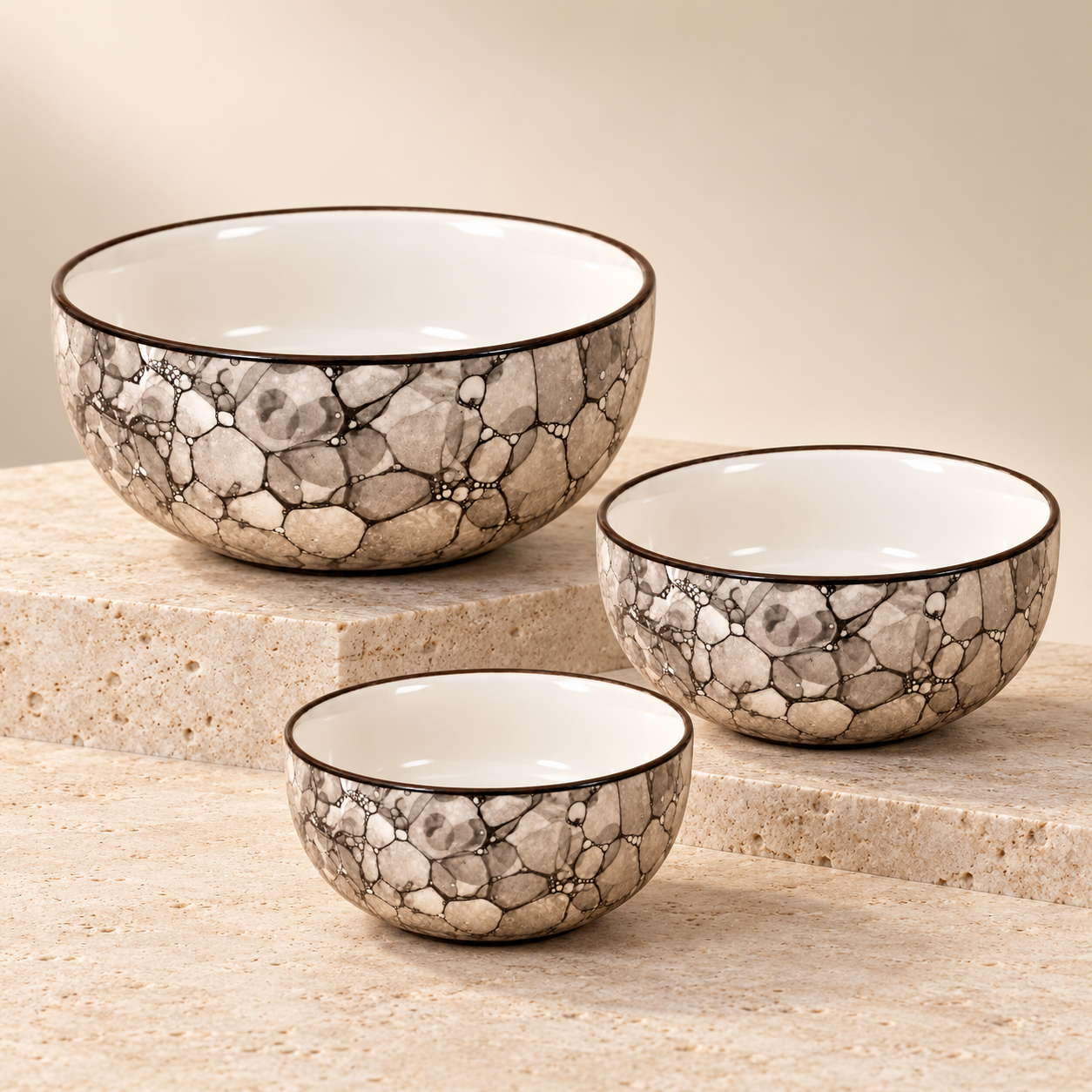 KunhaR Ceramic Mixing Bowl Set, 800 ml, 600 ml & 400 ml, Black Luster | Set of 3 Nesting Bowls for Mixing, Serving, Salad, Pasta, Snacks & Kitchen Prep