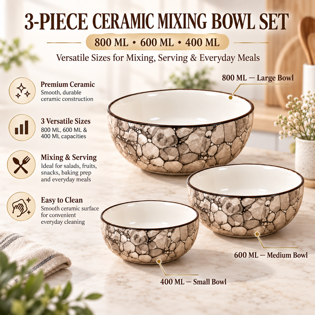 KunhaR Ceramic Mixing Bowl Set, 800 ml, 600 ml & 400 ml, Black Luster | Set of 3 Nesting Bowls for Mixing, Serving, Salad, Pasta, Snacks & Kitchen Prep