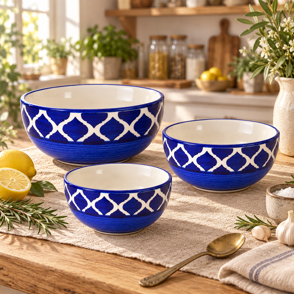 KunhaR Ceramic Mixing Bowl Set, 800 ml, 600 ml & 400 ml, Blue - 3 | Set of 3 Nesting Bowls for Mixing, Serving, Salad, Pasta, Snacks & Kitchen Prep