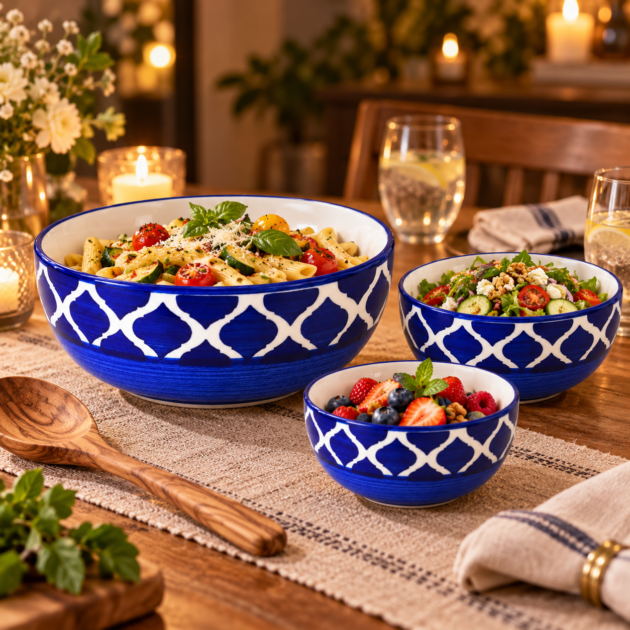 KunhaR Ceramic Mixing Bowl Set, 800 ml, 600 ml & 400 ml, Blue - 3 | Set of 3 Nesting Bowls for Mixing, Serving, Salad, Pasta, Snacks & Kitchen Prep