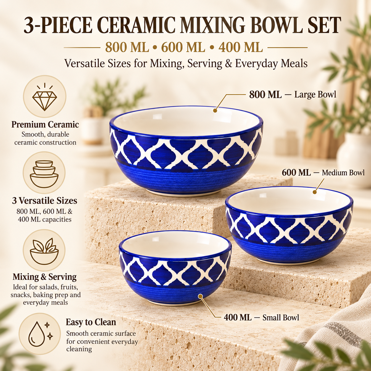 KunhaR Ceramic Mixing Bowl Set, 800 ml, 600 ml & 400 ml, Blue - 3 | Set of 3 Nesting Bowls for Mixing, Serving, Salad, Pasta, Snacks & Kitchen Prep