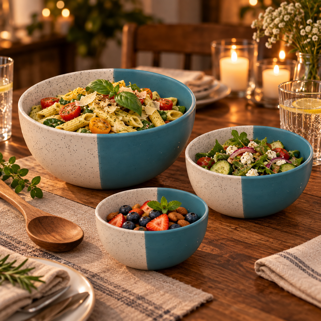 KunhaR Ceramic Mixing Bowl Set, 800 ml, 600 ml & 400 ml, White Dusty Blue | Set of 3 Nesting Bowls for Mixing, Serving, Salad, Pasta, Snacks & Kitchen Prep