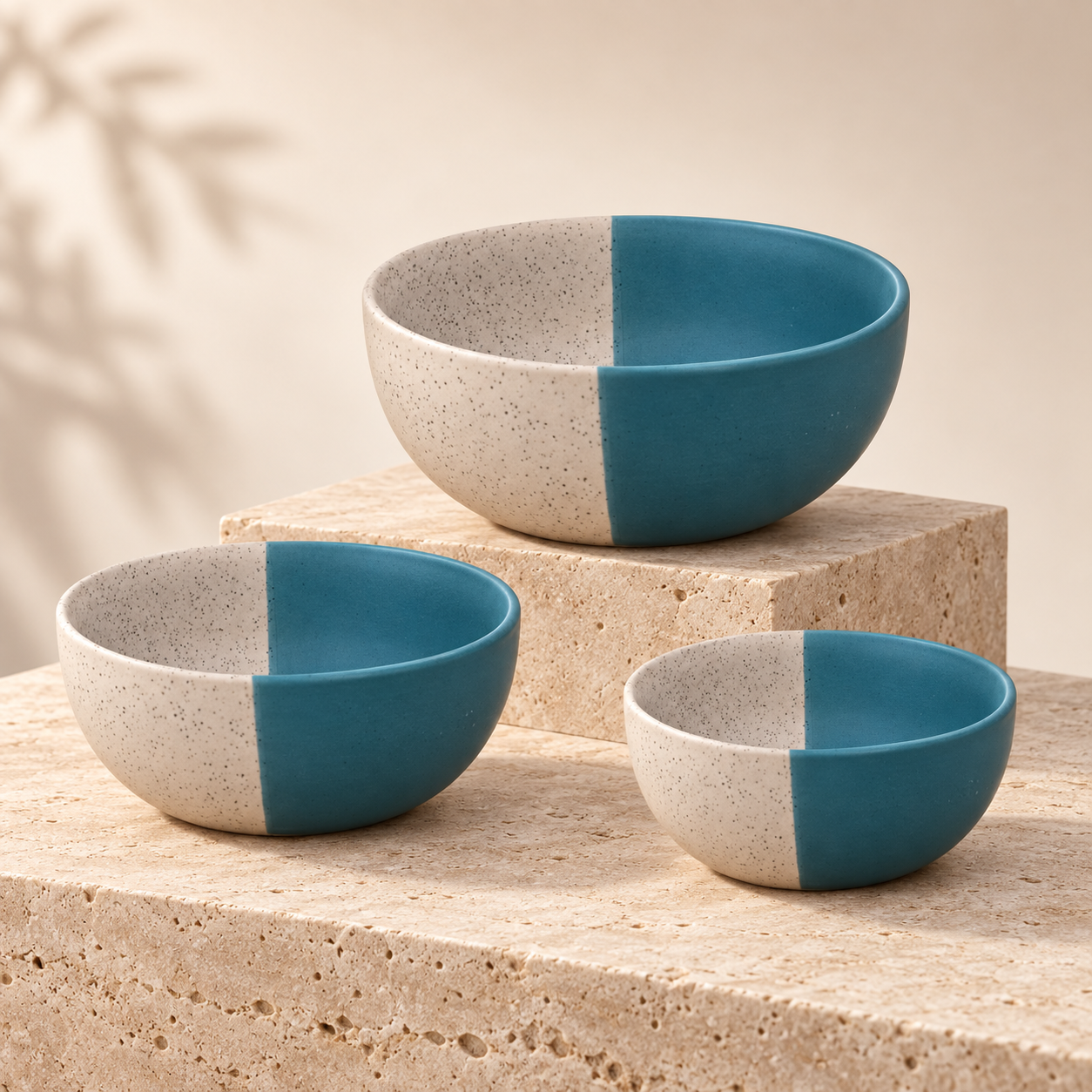 KunhaR Ceramic Mixing Bowl Set, 800 ml, 600 ml & 400 ml, White Dusty Blue | Set of 3 Nesting Bowls for Mixing, Serving, Salad, Pasta, Snacks & Kitchen Prep