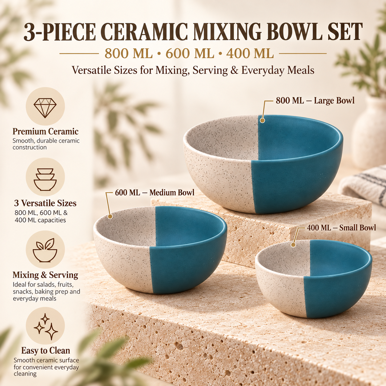 KunhaR Ceramic Mixing Bowl Set, 800 ml, 600 ml & 400 ml, White Dusty Blue | Set of 3 Nesting Bowls for Mixing, Serving, Salad, Pasta, Snacks & Kitchen Prep